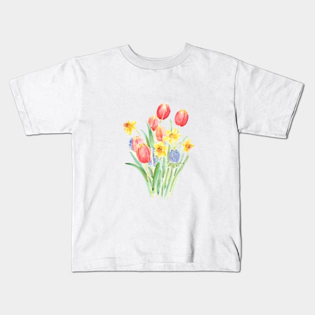 red tulips and yellow daffodils watercolor Kids T-Shirt by colorandcolor